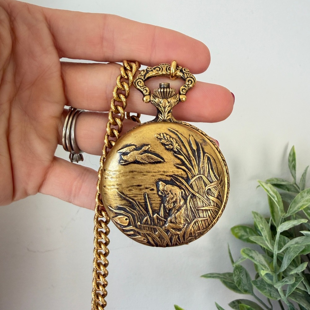 Belle Suisse Vintage Pocket Watch Gold Tone Hunting Scene Dog Bird Swiss Made